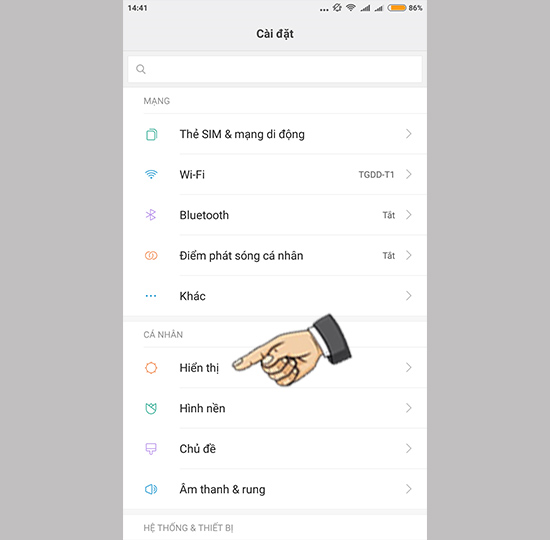 Vào cài đặt hiển thị